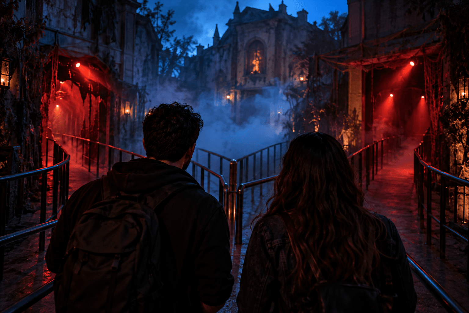 Two adults face diverging queue rails in an imagined haunted park with blue fog and red light.