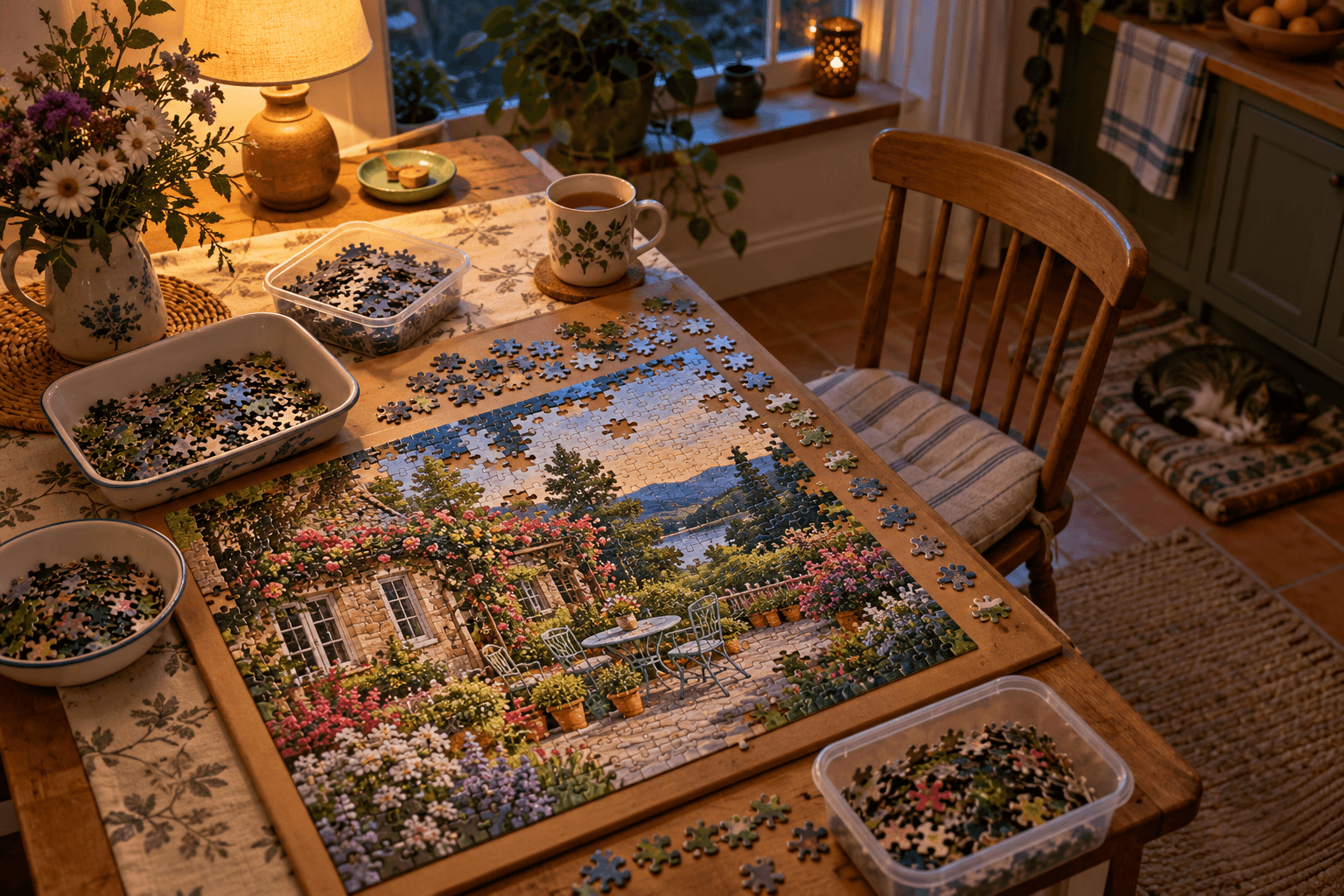 An unfinished garden jigsaw puzzle on a board beside trays of pieces in warm lamplight.