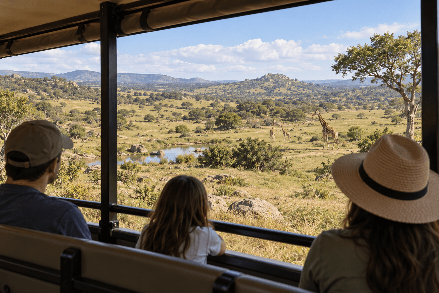Concept view from an open-sided safari tram toward distant giraffes in a broad habitat.