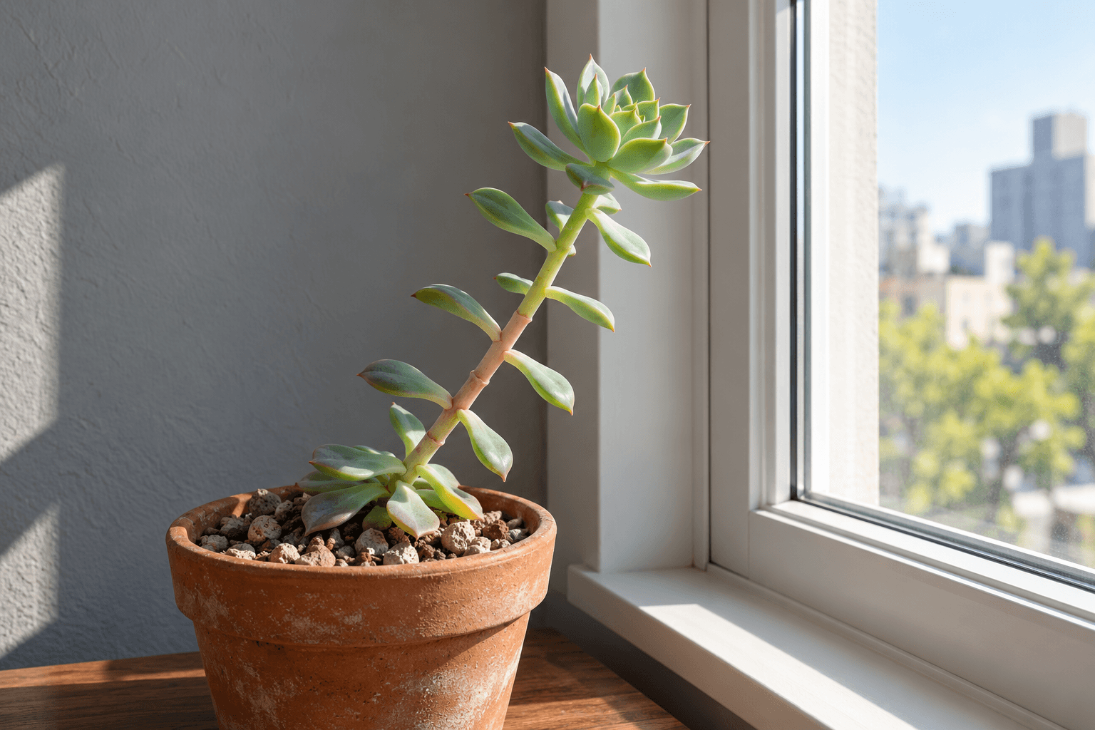 A potted succulent with an elongated stem and widely spaced leaves beside a window.