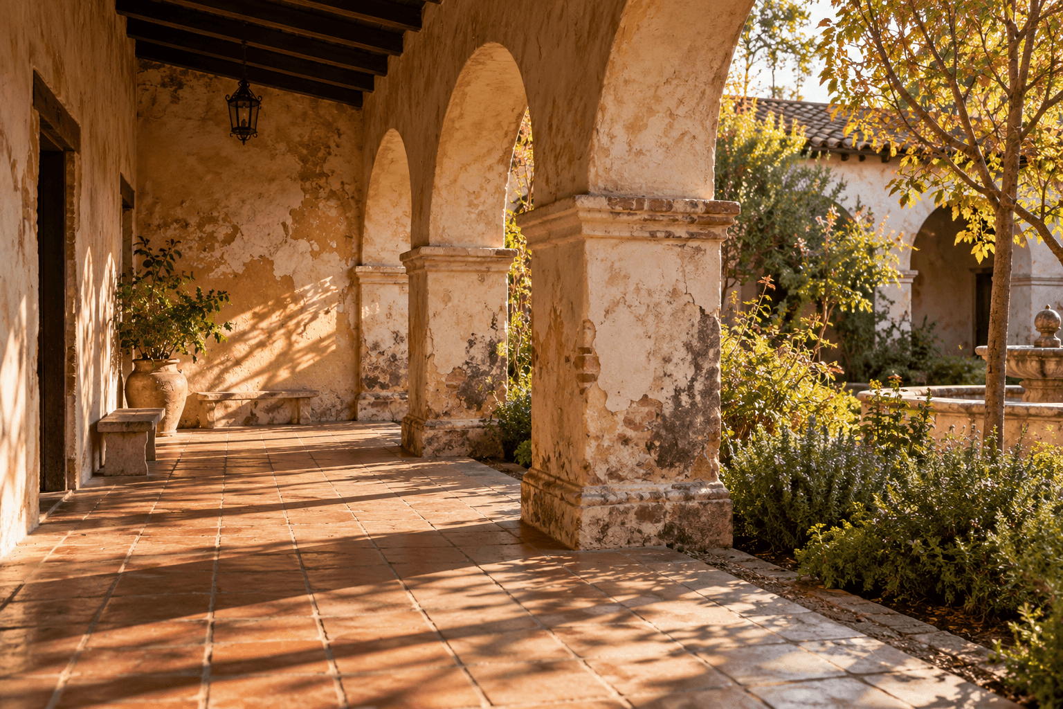 Sunlight crosses an imagined mission-style garden arcade with terracotta tiles.