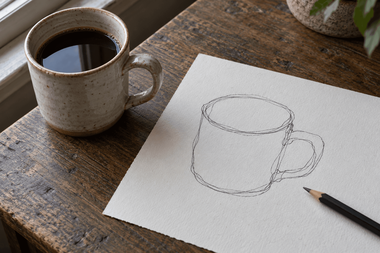 A ceramic mug sits beside an imperfect pencil contour drawing on white paper.