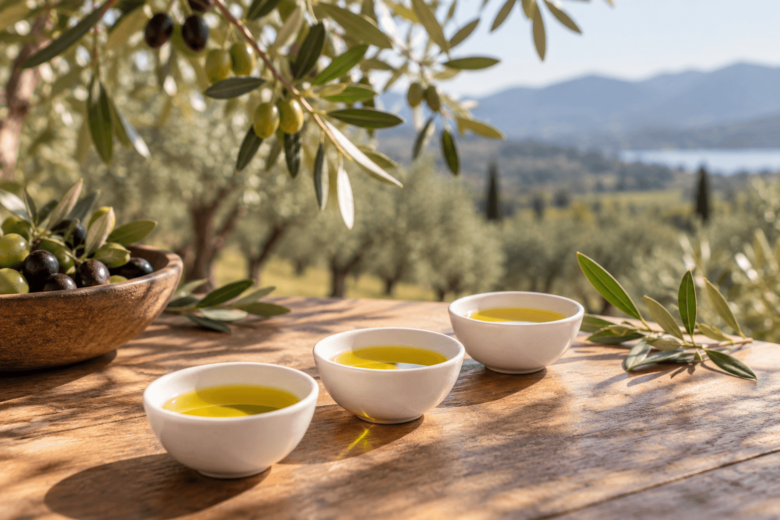 Small white cups of golden olive oil on a wooden table beneath blurred olive branches.