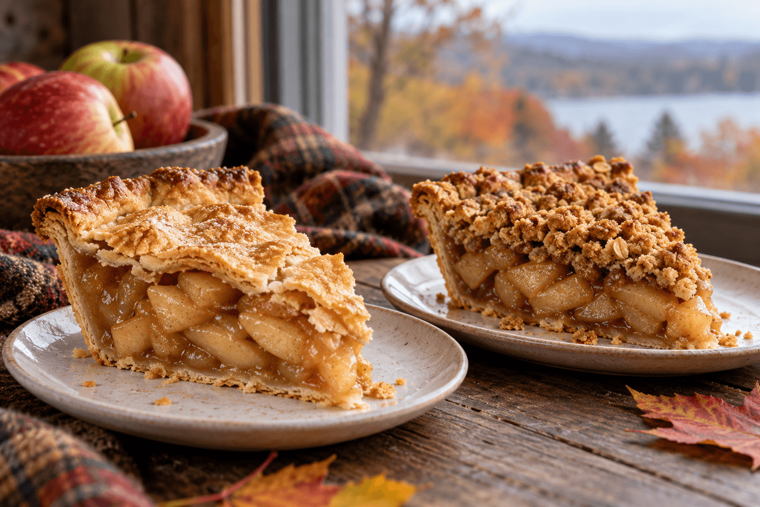 Two apple pie slices show a flaky pastry top and a golden crumb topping on plain plates.