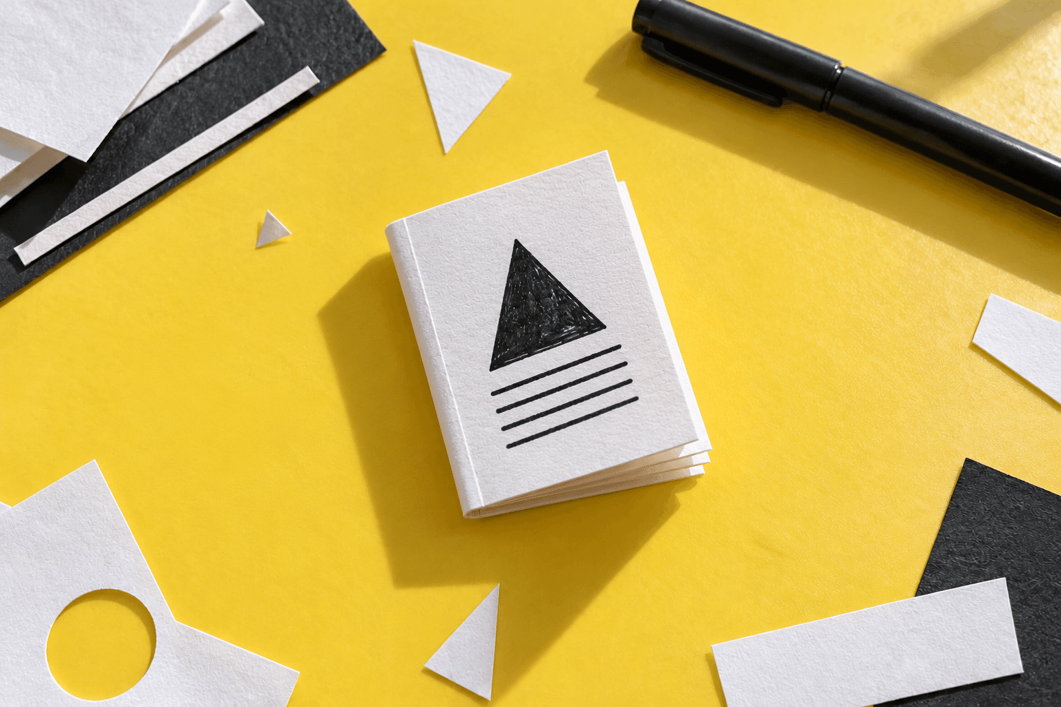 A small closed handmade paper booklet with geometric ink marks sits on a yellow work surface.