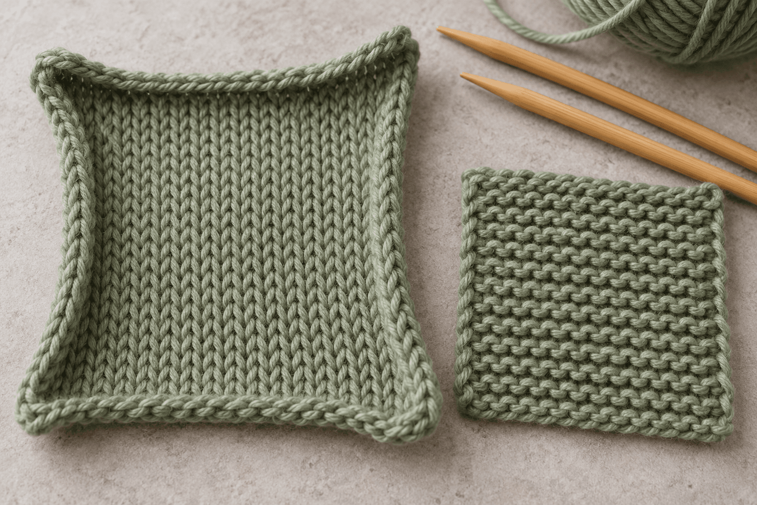 A sage-green stockinette swatch curls beside a flat ridged garter-stitch swatch and bamboo needles.