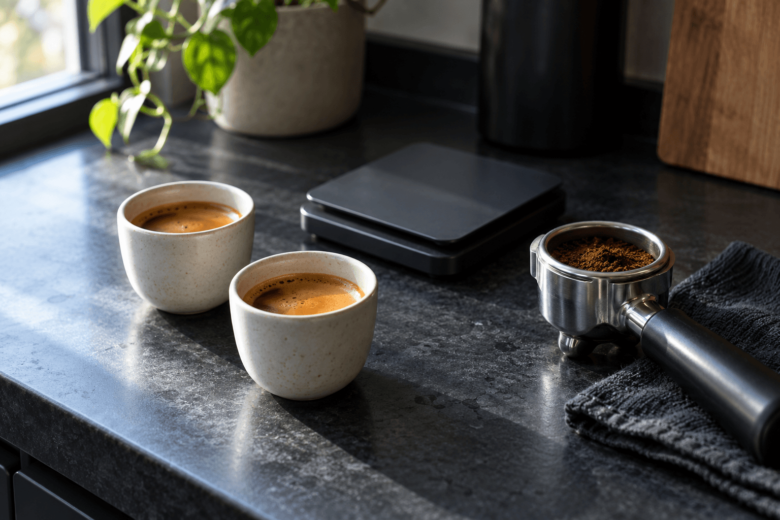 Two small espresso cups sit beside a compact scale and a resting portafilter on a dark counter.